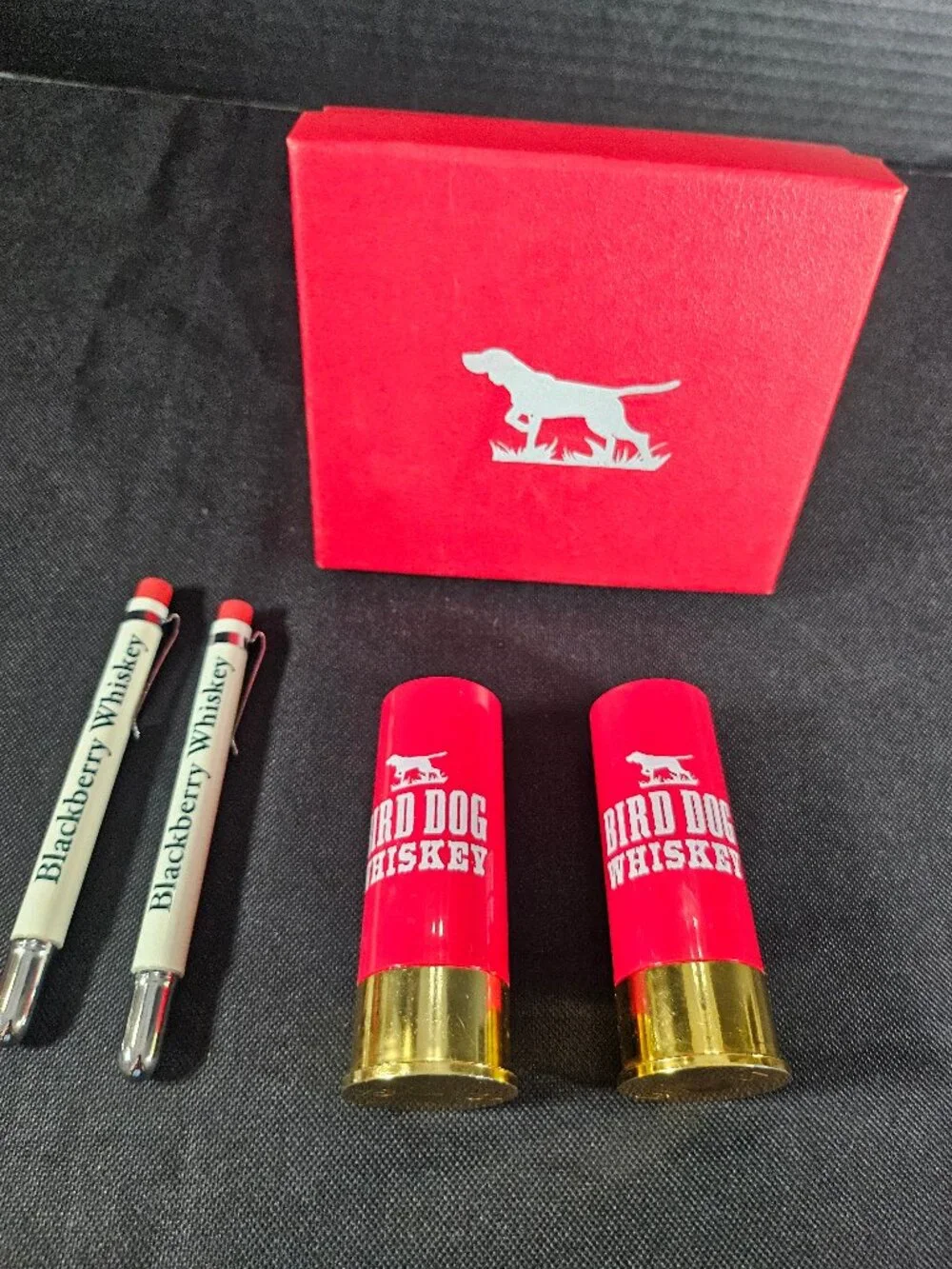 Rare Bird Dog Whiskey Promotion Set 2 Shotgun Shell Shot Glasses 2 Pins Gift Box